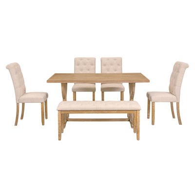 Modern Tillander Rectangular 6-Piece 59.8'' L x 35.8'' W Dining Set with Unique Legs Table and  4 Upholstered Chairs & 1 Bench,kitchen table set,dining table set,dining room set