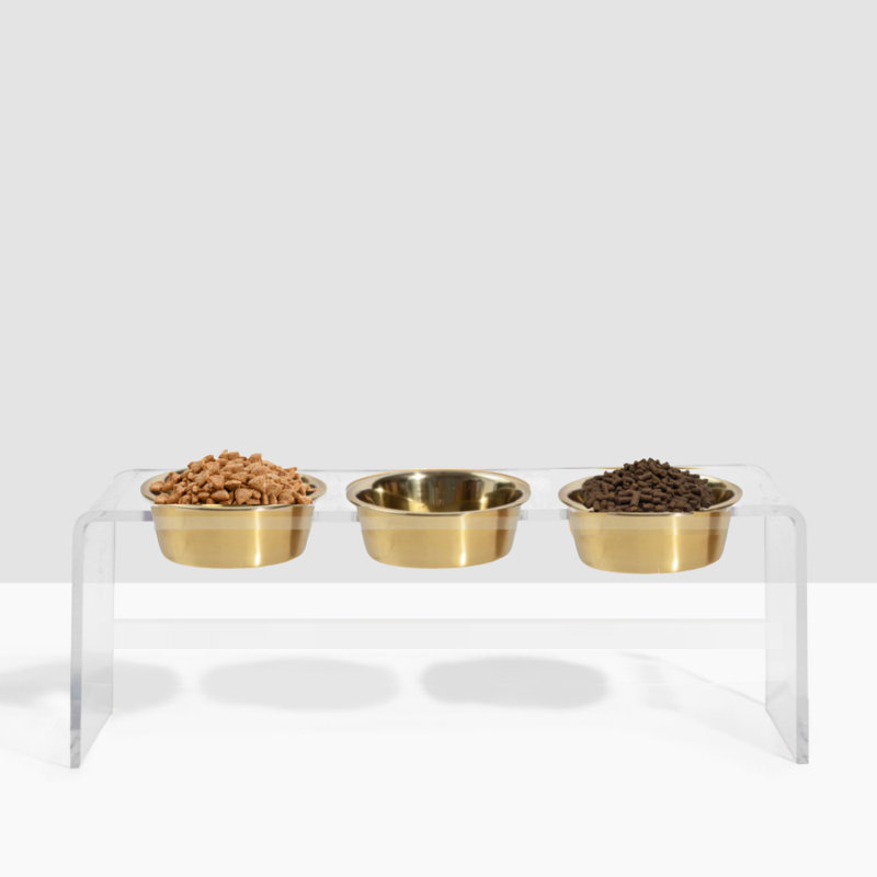 Tall Clear Triple Dog Bowl Feeder with Bowls, Gold