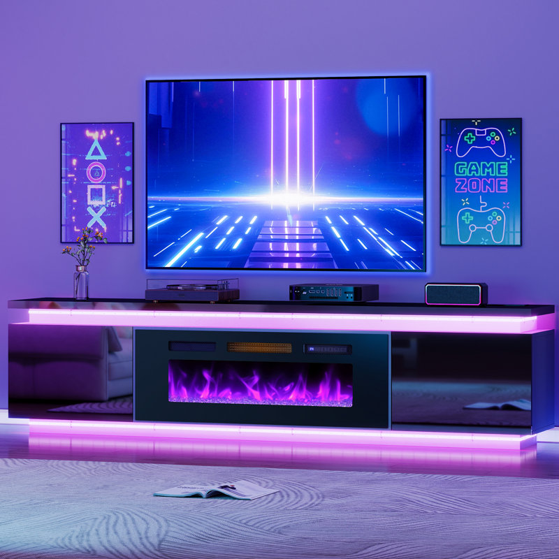 LED TV Stand With 40" Electric Fireplace For Tvs Up To 95", TV console with 4 AC Power Outlets for the Living Room, Black