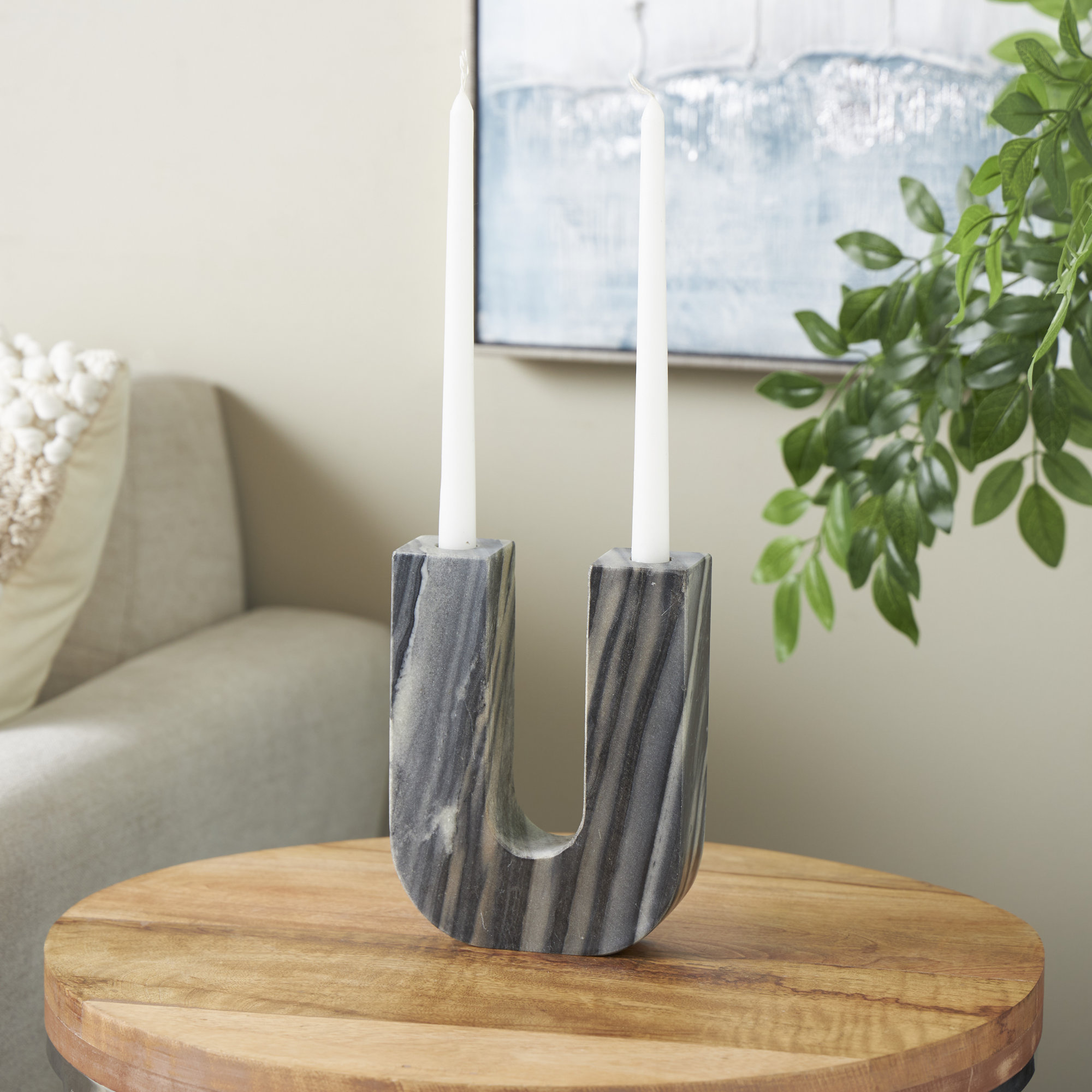 Cole And Grey Marble U-Shaped Abstract Candle Holder, Matte Multi Colored, 8.05" H x 6.05" W x 2.05" D