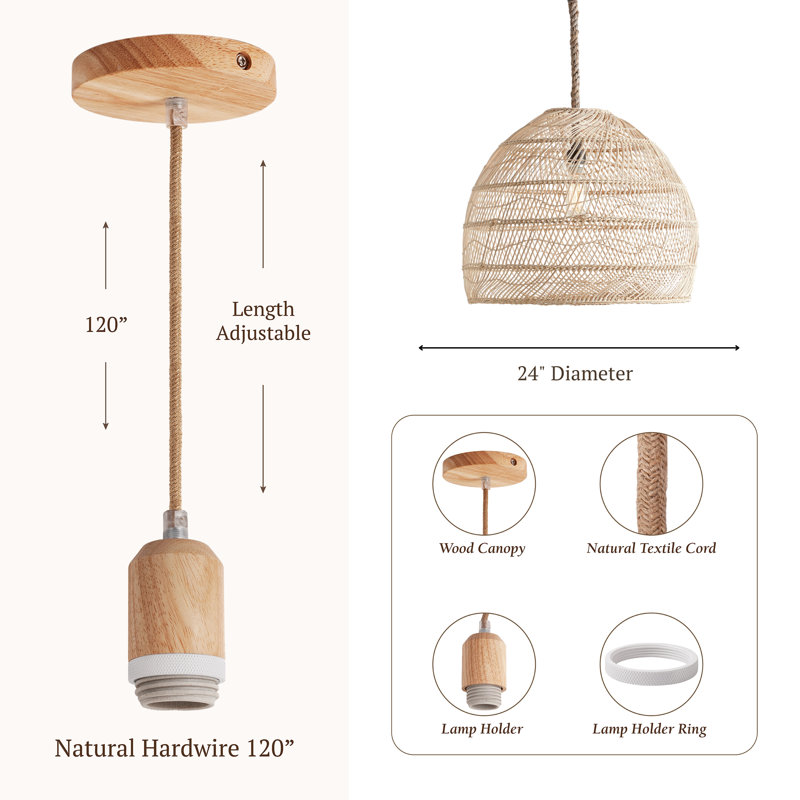 Santana Rattan Pendant Light - Natural Dome 1-Light Polished Handwoven Adjustable Light Fixture For Kitchen, Dining Room or Living Room in Modern, Country, Farmhouse & Boho Style
