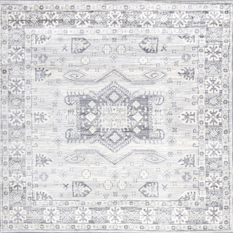 Federick Modern Persian Vintage Medallion Light Grey Rug, Square 5'
