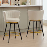 Counter Height Bar Stools Set Of 2, 360° Swivel Upholstered Barstools With Backs And Metal Legs, 26" H Seat Height, Velvet Fabric,Goldy Footrest