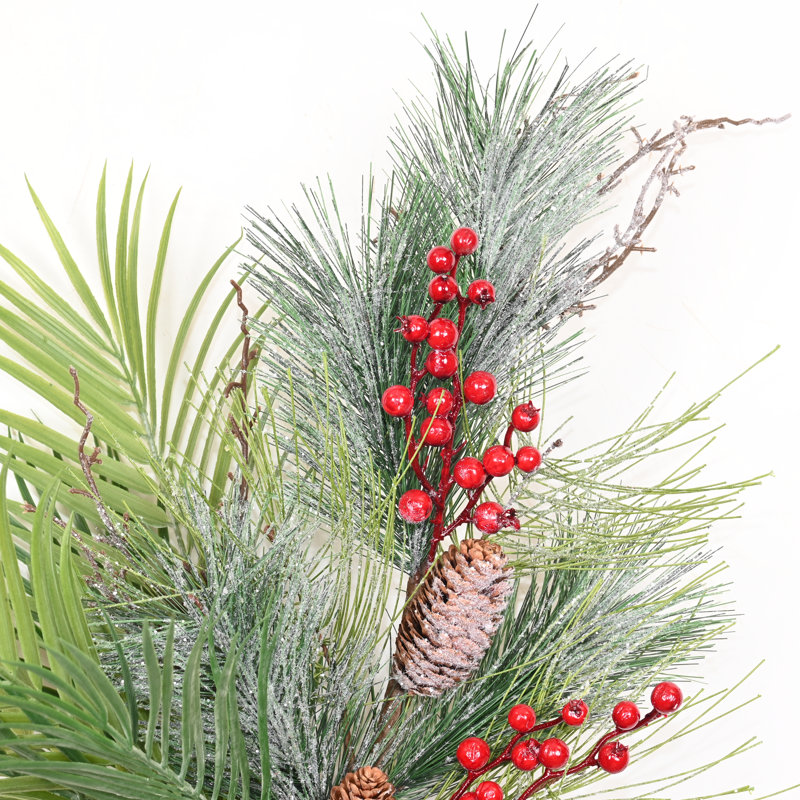 24" Artificial Christmas Day Winter Floral Arrangement Branch In Vase, Farmhouse Fern Frosted Pine Needles Red Berries Pine Cones With Long Stem For Party Home Office Table Centerpiece Shelf Decorations