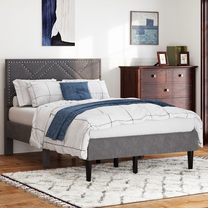 Lit double avec tête de lit en lin - solide, sans sommier, gris carbone, espace de rangement inférieur, grand, Lit double