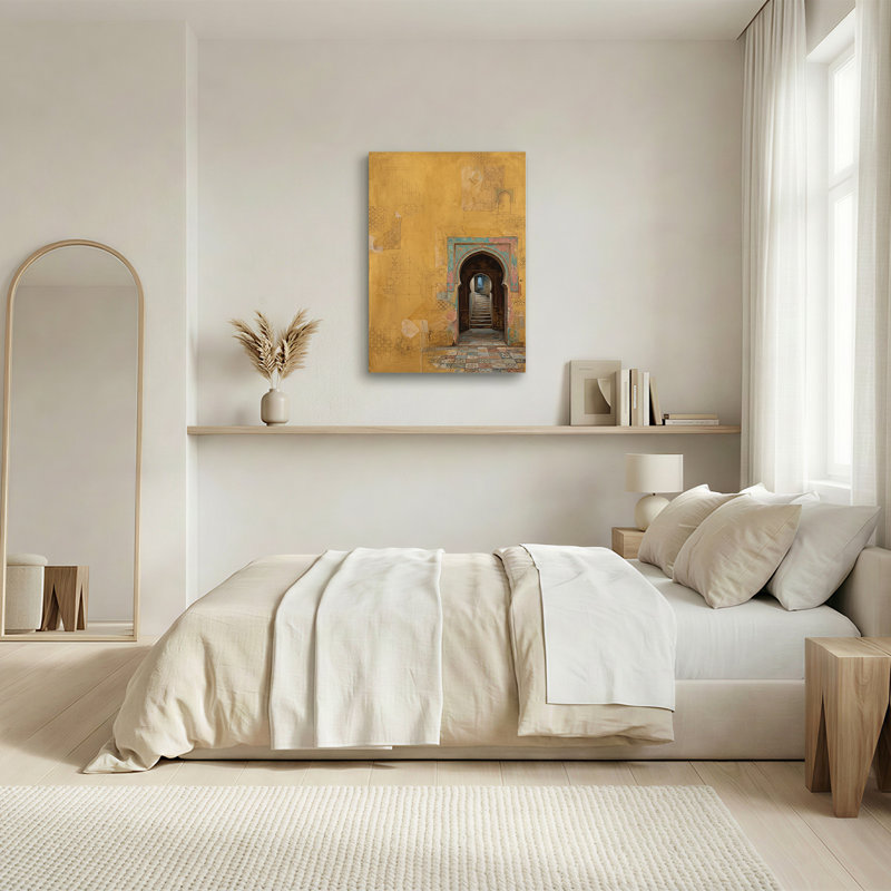 Art mural en toile avec porte arquée avec bordure bleue et croquis jaune, H 36 po x l 24 po