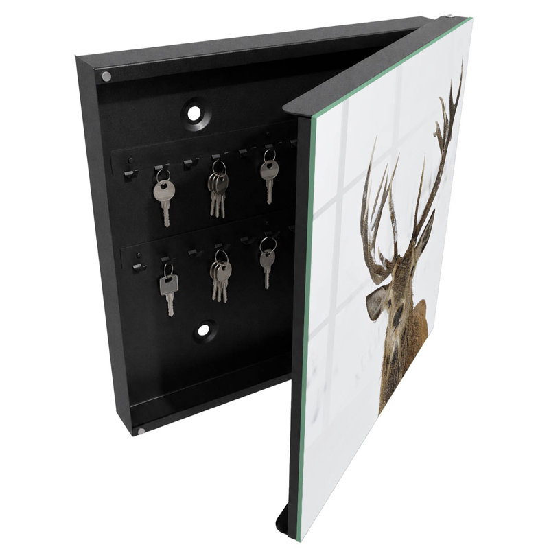 Key cabinet for wall, Opens to the right, 30x30x5, White, A deer in a winter scenery full of harmony, 