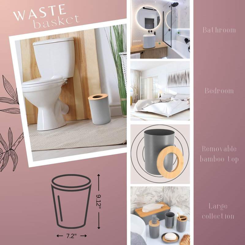 Gray Bamboo Top Bathroom Trash Can for Kids, 1.3 Gal