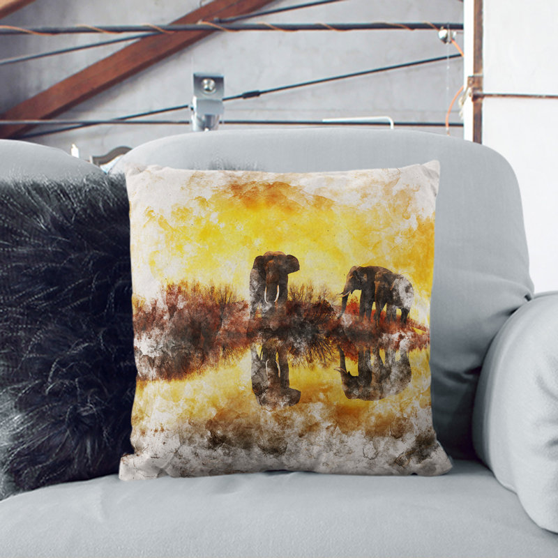 Elephants at Sunset Watercolour Scatter Cushion, Stone, 55cm H x 55cm W x 20cm D