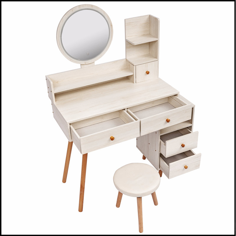 Élégante coiffeuse avec miroir à DEL à commande tactile et grand rangement, avec tabouret rembourré, longueur réglable pour les maquillages modernes.