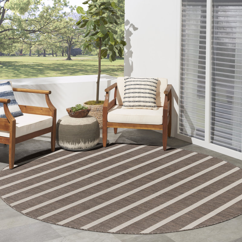 Shaila Striped Indoor / Outdoor Rug, Natural/Ivory, Round 6'