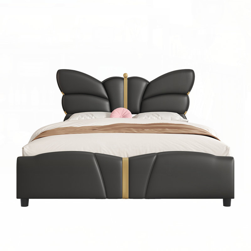 Lit tapissier en cuir d'inspiration papillon avec structure robuste et assemblage facile, aucun sommier requis, Noir