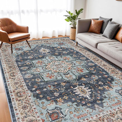 Washable Oriental Area Rug - Rugs for Living Room Soft Carpet for Bedroom Waterproof Floral Distressed Indoor Stain Resistant Non-Shedding Floor Carpets (Blue/Teal/Orange)