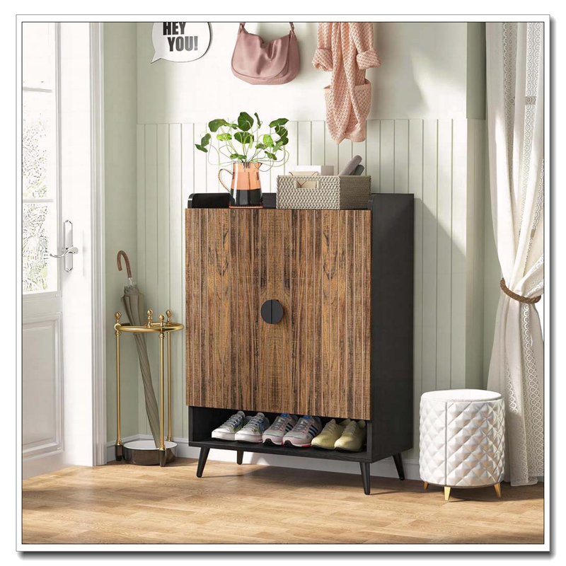 Range-chaussures en bois avec portes et rangement à chaussures à 7 niveaux, Brun / Noir