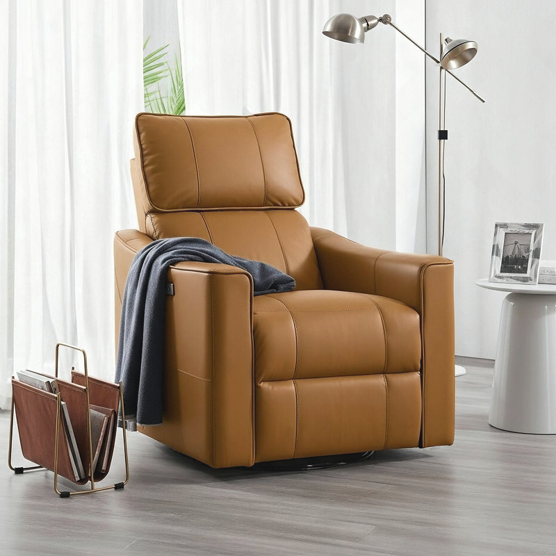 Inniss 31.7" Wide Genuine Leather Modern Power Recliner with Swivel and Glider, Orange