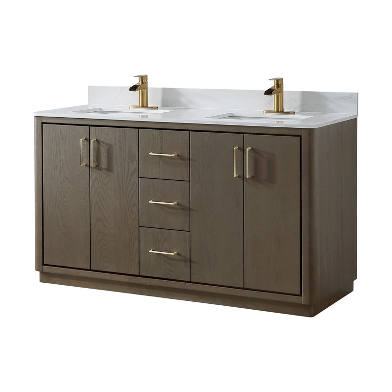 60" Free Standing Double Bathroom Vanity with Quartz Top, Gray