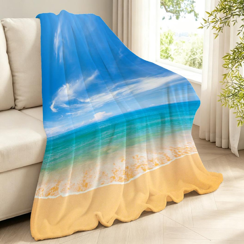 Jeté en flanelle bleue ultra douce en molleton, plage et magnifique imprimé d'un seul côté, Throw 40" x 50"