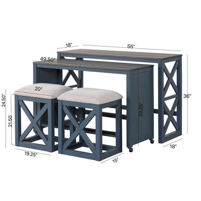Bencion 55" Long Rolling Console & 2 Stool Set