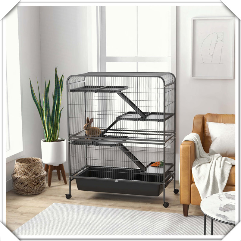 Cage à 5 niveaux pour petits animaux avec roulettes, plateau amovible et 2 portes avant