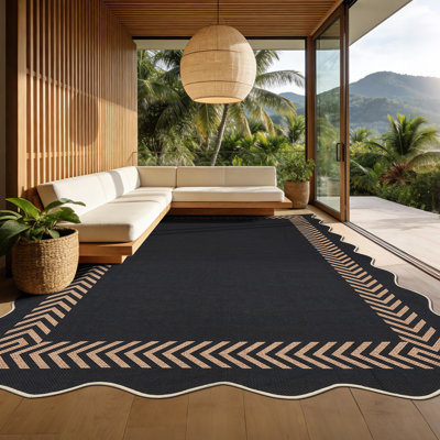 Tapis d'extérieur festonné en jute de 9 po x 12 po à motif géométrique noir lavable Tapis d'extérieur antidérapant antidérapant pour chambre à coucher, salle à manger, cour