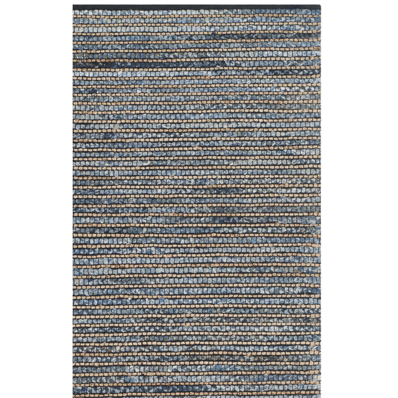 Tapis bleu en coton / jute tissé à la main à rayures Doleman, Tapis de couloir 2 pi 3 po x 6 pi