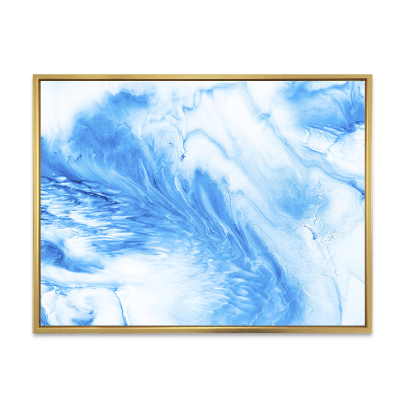 Vagues bleues et blanches V - peinture sur toile, H 34 po x l 44 po x P 1,5 po, Cadre flottant doré