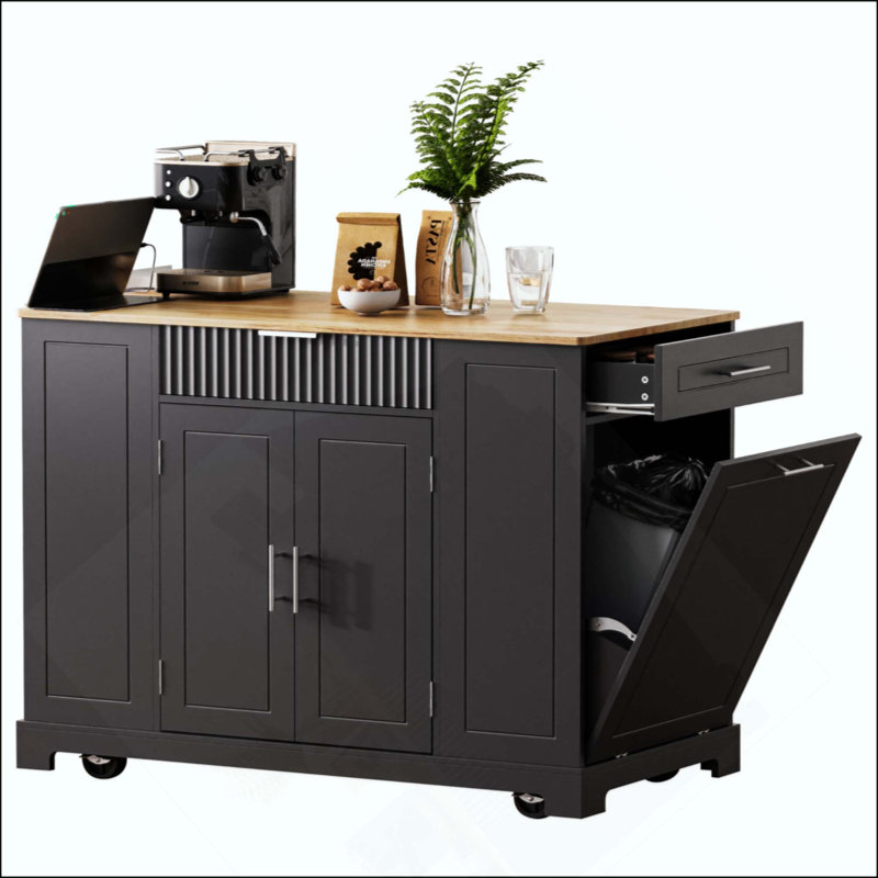 Kitchen Island With Trash Can Storage Cabinet, Power Outlet, Internal Storage Rack, Rolling Kitchen Islands On 5 Wheels With 3 Drawer, 3 Open Side Racks For 10 Gallon Garbage Bin