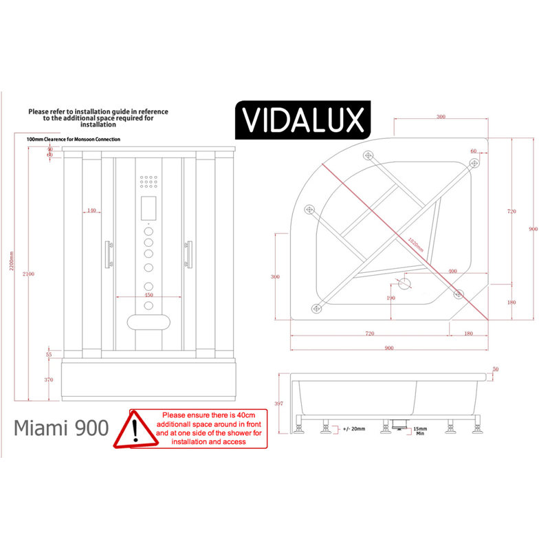 Vidalux Miami 900 Steam Shower 900 x 900, Black