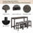 4-Piece Modern Bar Table Set with Built-in Power Outlet Sofa Behind Couch Table & 3 Padded Stools Dark Grey Upholstery Sturdy Metal Frame for Living Room, Dining & Home Office