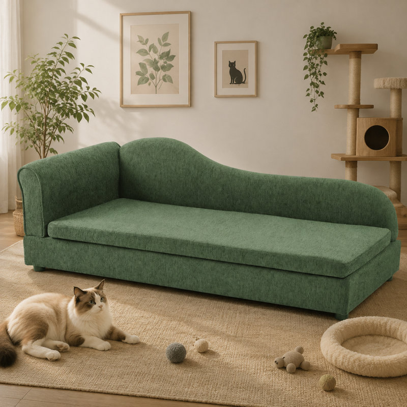 Grand lit pour chien 55 po, dossier ondulé, canapé en lin, Vert olive