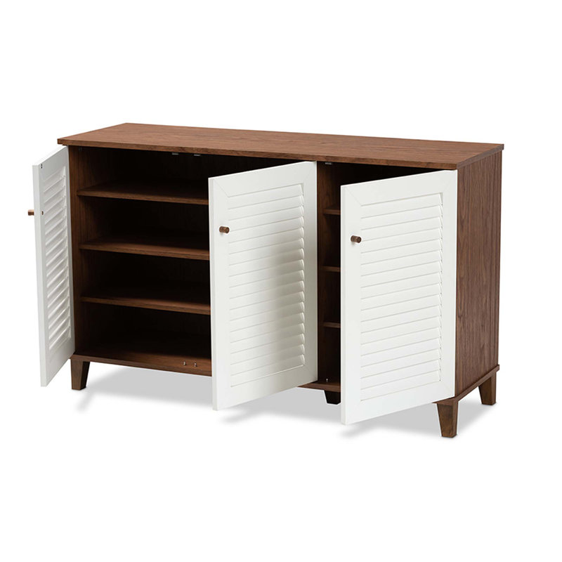 Armoire de rangement pour chaussures moderne et contemporaine 16 paires, Blanc/noyer