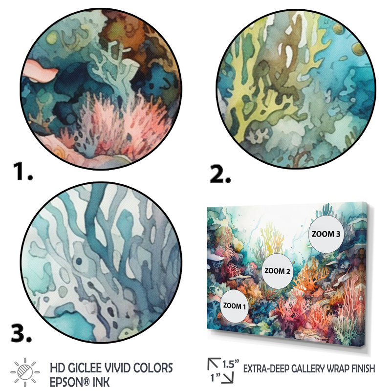 «Vibrant Coral Reef III - Modern Beach», art mural, H 24 po x l 32 po x P 1 po, Toile tendue