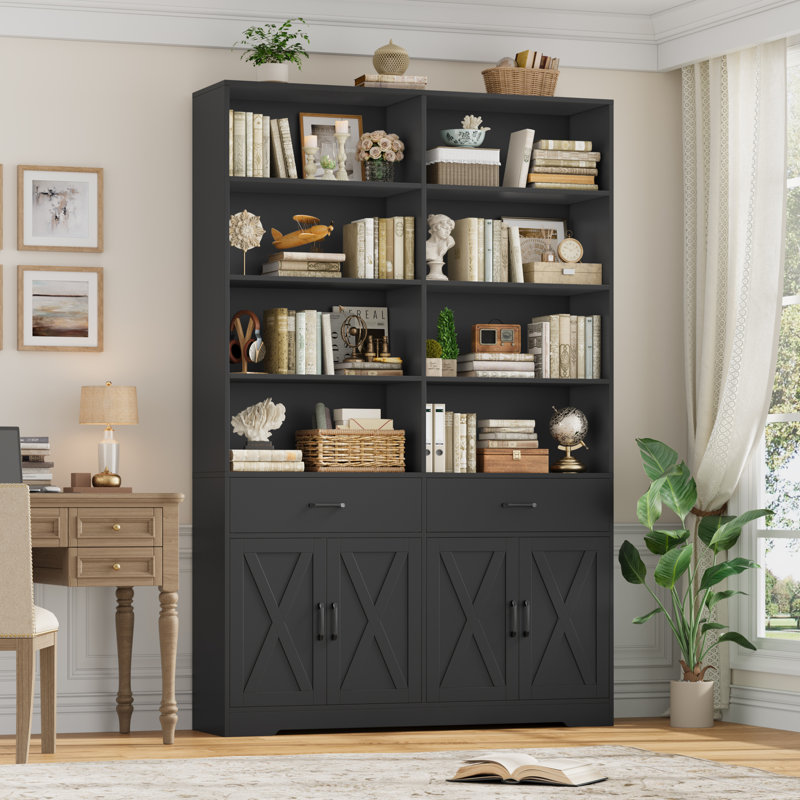 Bibliothèque de 78,7 po de hauteur avec 2 tiroirs, portes en X, Noir