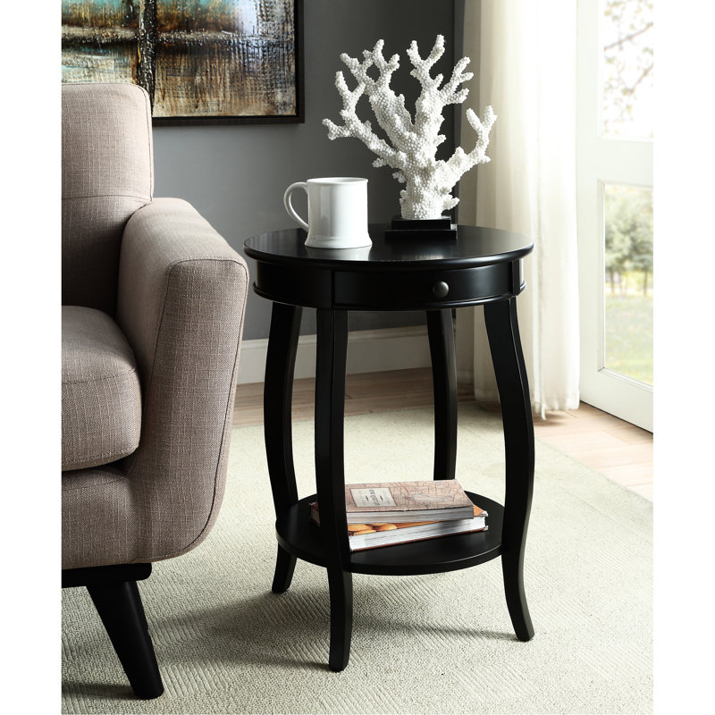 Table d'appoint en finition noire, pieds ronds, 1 tiroir et rangement, pieds en bois, structure, assemblage facile, limite de poids de 60 lb, largeur de 18 po, profondeur, table de pieds à finition 24 po, composite solide ouvert