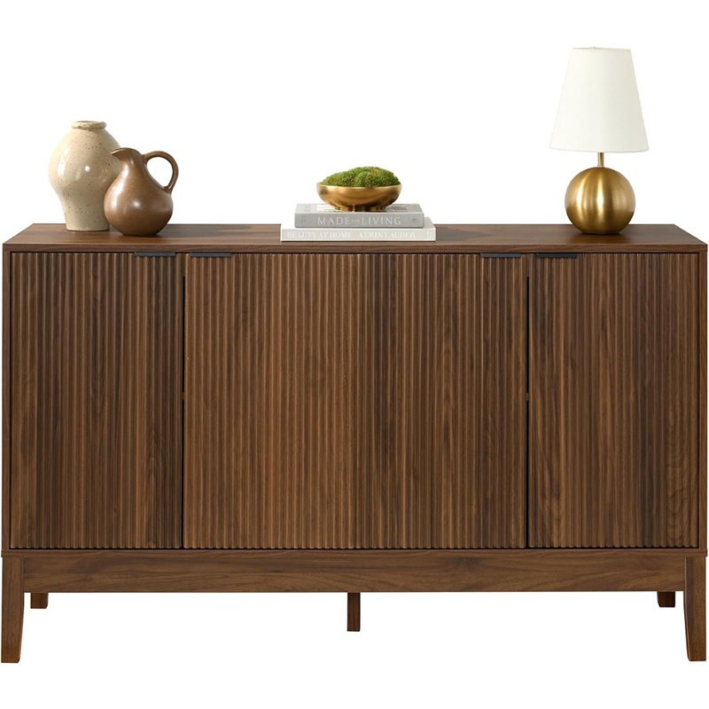 Buffet moderne à 4 portes avec buffet, armoire multimédia, armoire, table d'appoint, bibliothèque avec panneaux Reed et tablettes réglables - noyer