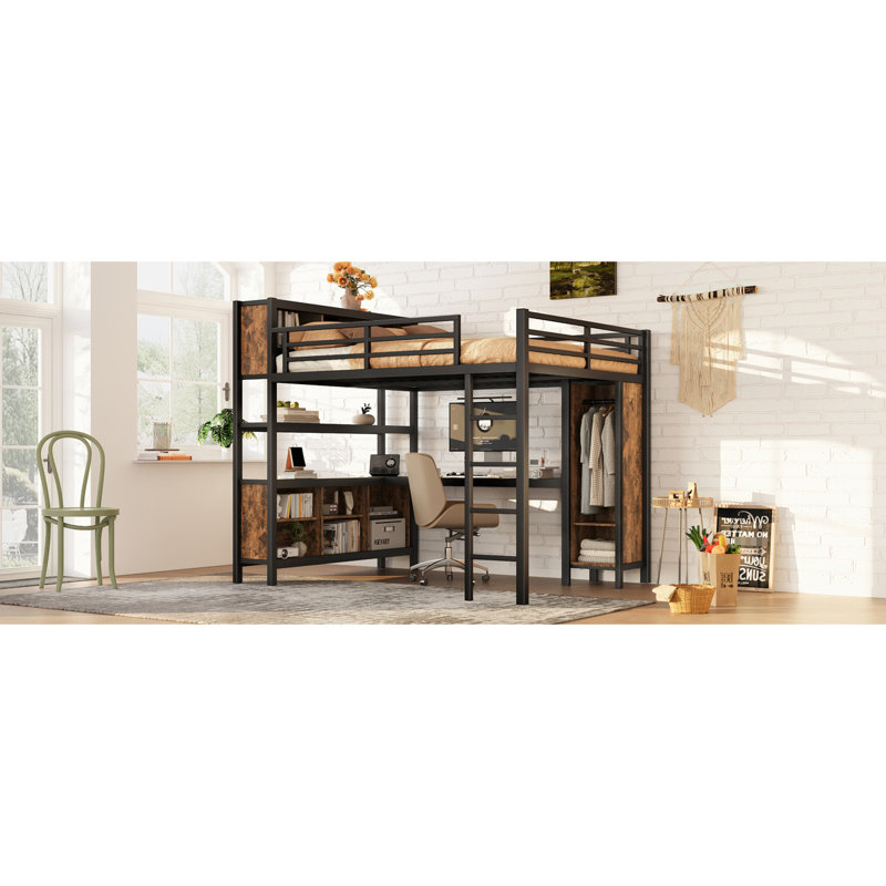 Grand lit mezzanine en métal de style moderne avec rangement et établi en L, étagères robustes noires à assemblage sans effort, idéales pour