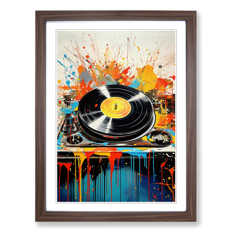 XYZ-FRM-V1223-5423 Record Player Action Painting - Single Picture Frame Print on Wood, Walnut, 34cm H x 25cm W x 2cm D