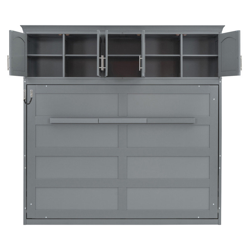 Grand lit escamotable mural avec armoires supérieures, gris, Gris