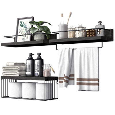 Bathroom Shelves Over Toilet For Wall, Floating Shelves With Storage Basket Paper Holer, Set Of 3, Black