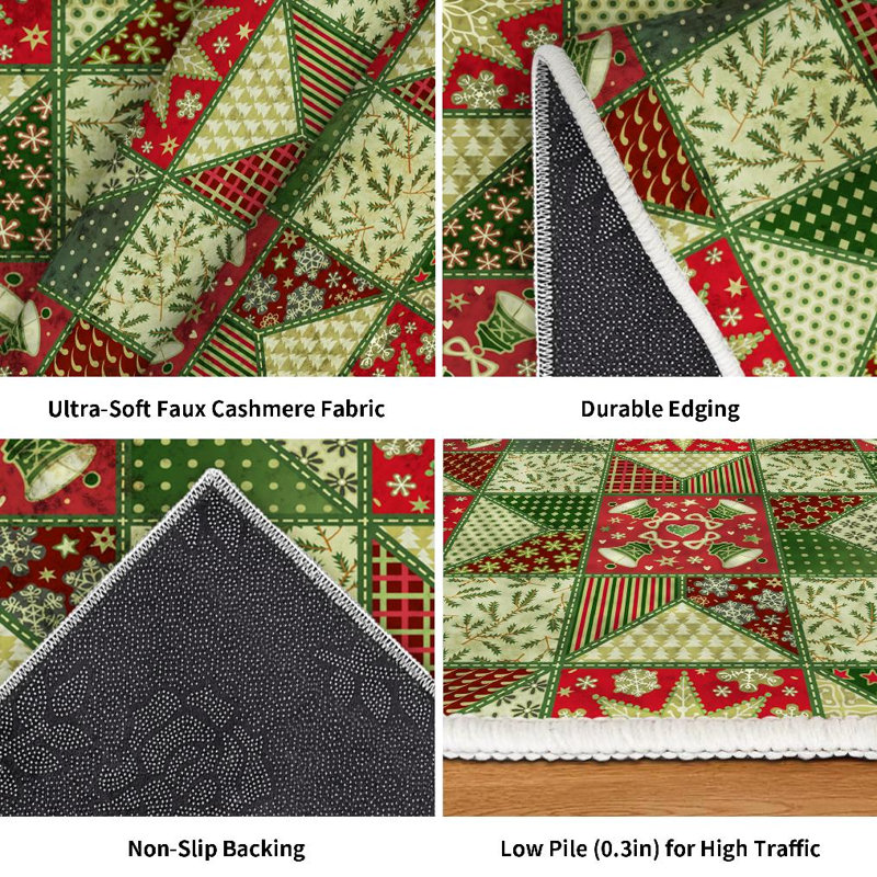 Tapis intérieur rouge lavable à la machine, motif de courtepointe décoratif de Noël, Rectangle 39 po x 63 po