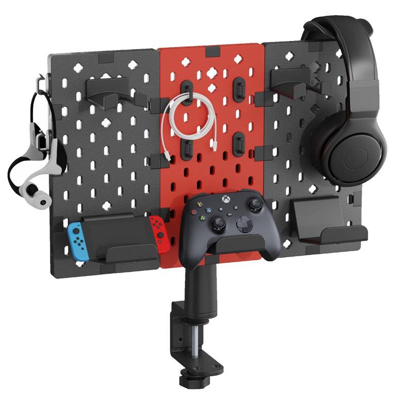 Support modulaire pour écouteurs et manettes pour jeu, panneau perforé, support de contrôleur rotatif avec crochets pour câbles, panneau perforé 3 pièces, rouge