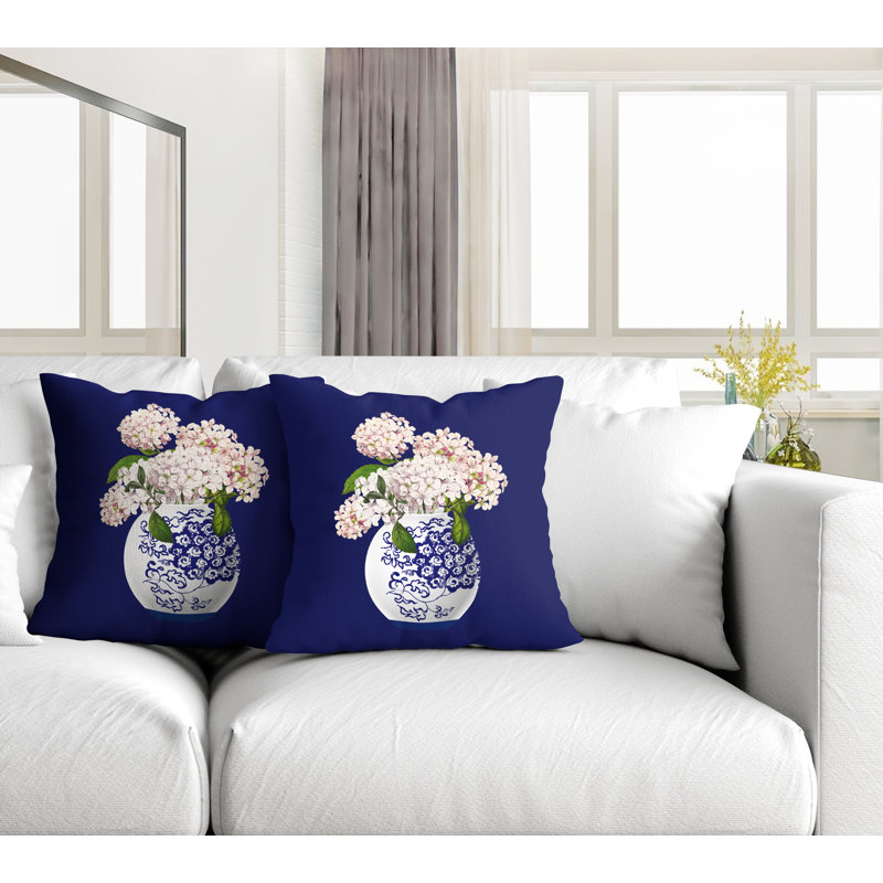  Coussin décoratif intérieur / extérieur floral, L 15 po x H 15 po, Bleu marine
