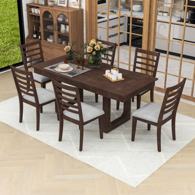 Ensemble de table de salle à manger extensible 7 pièces avec table en bois rustique et 6 chaises rembourrées