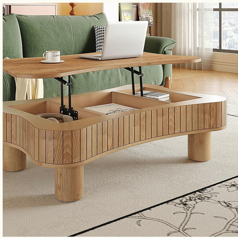 Lift Top Coffee Table with Fluted Panel Hidden Storage, Light Brown