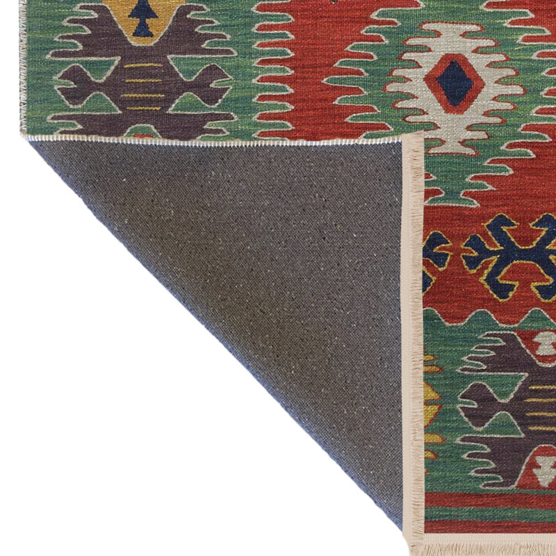 Tapis décoratif vert multicolore à motif frangé et à motif vert, Tapis de couloir 3 pi 3 po x 9 pi 10 po