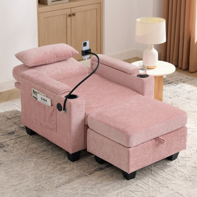 Single sofa recliner with manually adjustable backrest, USB charging port on the armrest side, phone stand included, hidden armrest storage, and a matching storage ottoman