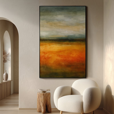 Très grand art mural imprimé sur toile - Gris et orange, paysage abstrait Moody Horizon, œuvre d'art contemporaine pour le salon ou la chambre à coucher - «Assemblage requis du cadre (cadre non fini)»