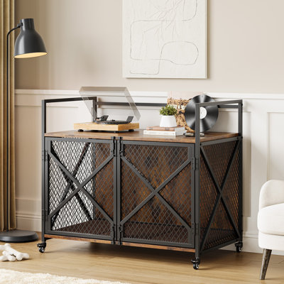 41 Inch Large Dog Crate Furniture, Heavy Duty Dog Kennel with 4 Wheels, Double Doors, 4 Latches, Rolling Dog Cage Furniture End Table for Large Medium Small Dog, Vintage