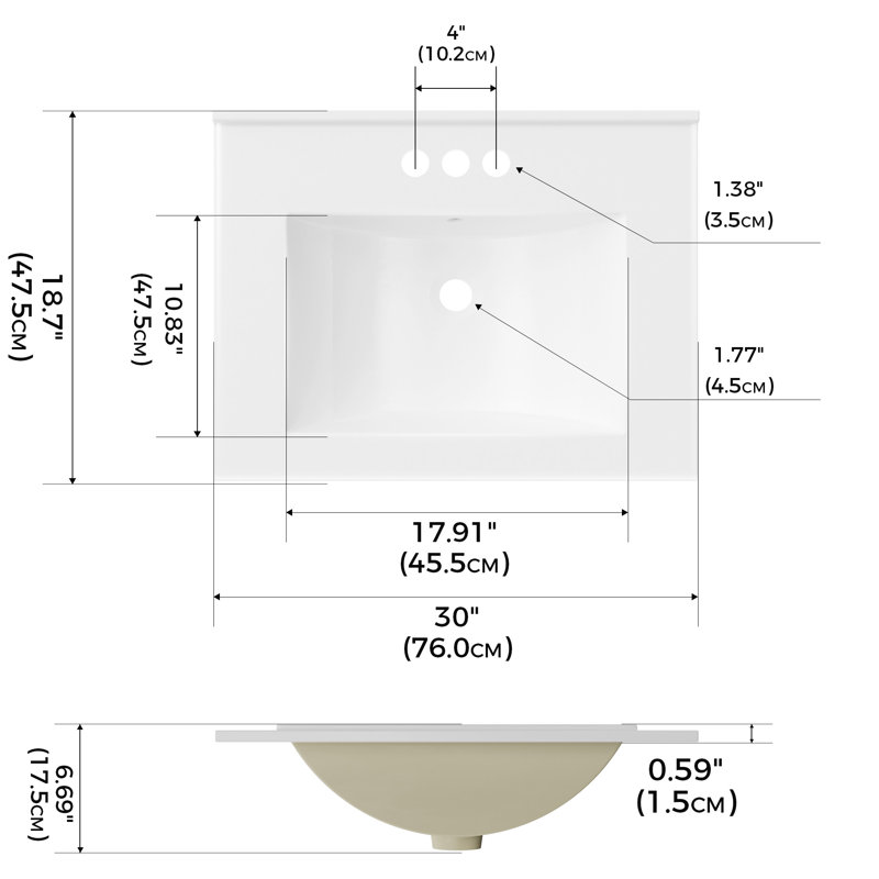 24" Ceramic Vanity Top with Rectangular Integrated Sink, 3-Hole, White