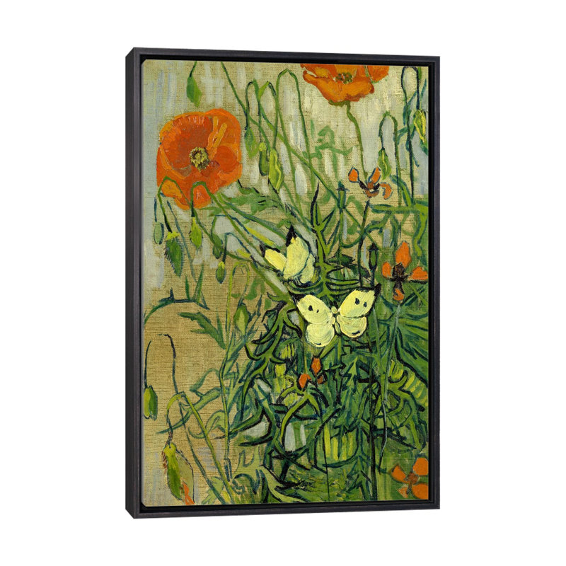 «Butterflies and Poppies» par Vincent Van Gogh - reproduction, H 48 po x l 32 po x P 1,5 po, Toile avec cadre noir patiné